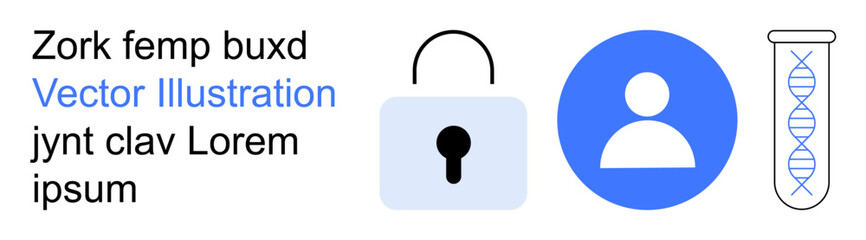 Online privacy, identity protection, genetic data security, cybersecurity, biometric access, data encryption. A lock, user icon and DNA helix identity and data security. Online privacy and identity
