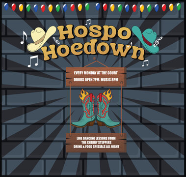 A colorful and festive poster advertising a country music event, featuring cowboy boots, a hat, musical notes, and string lights against a brick wall background.