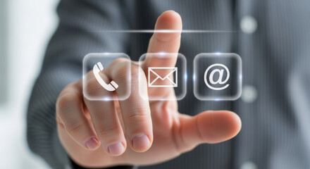 A man's hand interacts with a virtual display, pressing options for phone, email, and at symbols on a transparent interface for easy contact.