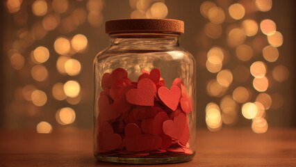 red paper hearts in glass jar on wooden table with blurred festive bokeh background