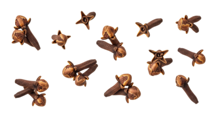 Scattered Clove Buds Against a White Background, Emphasizing Their Distinctive Shape and Color, Perfect for Culinary, Spice, or Botanical Themes