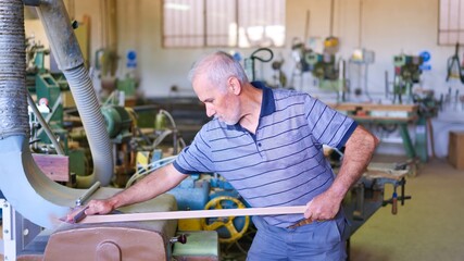 Senior carpenter sanding wood plank in workshop