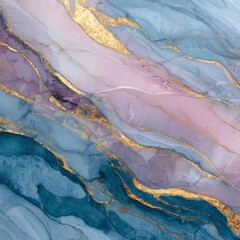 Obraz premium Abstract Marble Art: An exquisite portrayal of fluid motion, featuring the luxurious allure of gold, intertwining with the soft, ethereal beauty of blush pinks and serene blues.