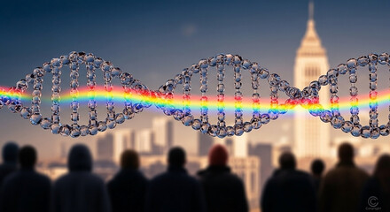 The intricate helix of life with a spectrum of diversity overlooking a modern metropolis