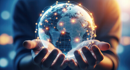 A person holds a glowing digital globe with network connections in their cupped hands representing future technology, international business, and global communication with a warm lighting.