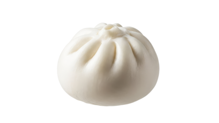 Studio shot showcasing a single steamed bun with delicate folds, emanating subtle wisps of steam on an immaculate white backdrop