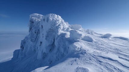 The scene shows a striking snowy mountain peak covered in ice formations. Bright blue sky enhances the winter beauty of this remote, cold landscape with deep snow.