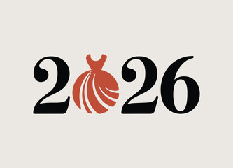 Stylish 2026 year design featuring a fashionable dress icon instead of zero on a light background for celebrations