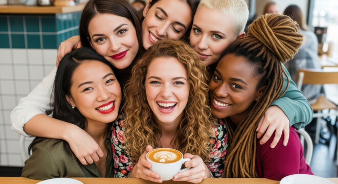 Six diverse women are gathered closely in a brightly lit cafe, laughing and smiling around a cup of coffee, showcasing a moment of friendship and cheerful connection. - Powered by Adobe