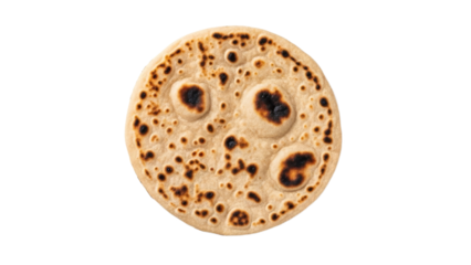 Isolated flatbread or chapati exhibiting a distinctive slightly burnt pattern against a clean white background offering ample workspace