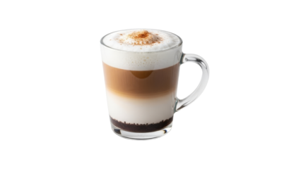 Delightful layered coffee indulgence in a transparent mug with frothy topping ready to consume and enjoy at any time to increase energy levels