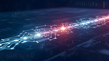 Abstract digital circuit board with glowing lines and data streams in dark blue and red