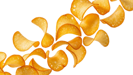 Crispy golden potato chips arranged in a dynamic swirl against a pristine white backdrop enhancing their visual appeal and natural textures