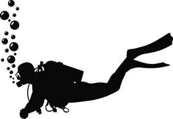 Black Silhouette of Scuba Diver Swimming Underwater with Air Bubbles in Sea or Ocean for Vacation Activity Adventure Exploration Logo