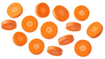 Artistic and isolated arrangement of fresh vibrant carrot slices on a seamless white backdrop offering a clean healthy edible composition