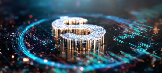 The Bitcoin symbol glowing within a futuristic digital circuit and neon network