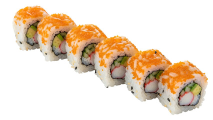Delicious and Vibrant California Sushi Rolls Topped with Tobiko Roe on a White Background