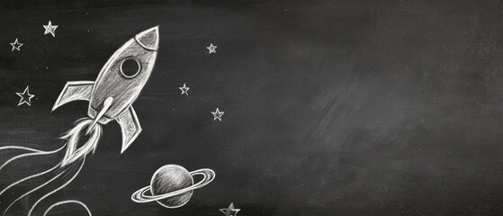 The rocket chalk drawing on a blackboard evoking space exploration and childhood imagination