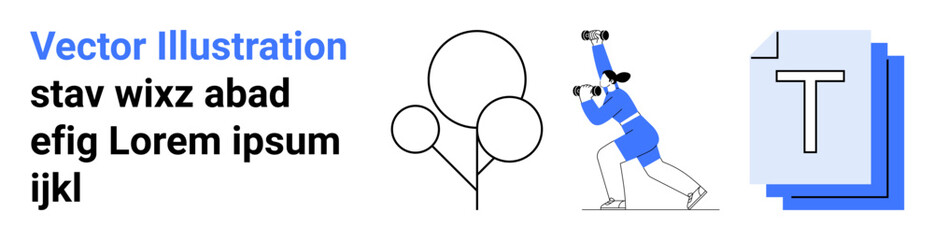 Research, navigation, exploration, discovery tools, focus, education. Female character holding binoculars, abstract balloons and document icons. Research and navigation concept