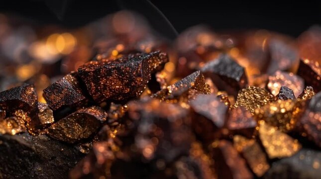 Massive Pile of Raw, Unrefined Copper Chunks Ore Against a Dark, Textured Industrial Background