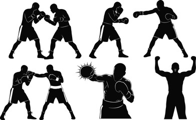 Sport, Fight, Training, and Boxer Knockout Championship Competition Flat Black Line Drawing Illustration.