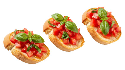 Delightful Bruschetta Trio: Vibrant Italian Appetizer Showcasing Fresh Tomatoes and Basil Leaves on Crispy Bread Slices