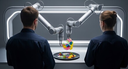 Two chefs observe robotic arms meticulously plating colorful food in a futuristic kitchen setting.