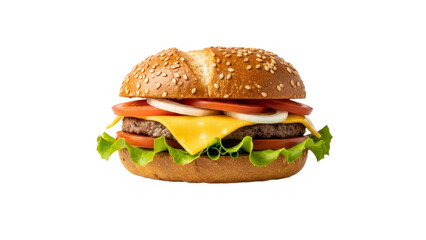 Appetizing Sesame Seed Burger with Fresh Ingredients on a White Background to Present its Culinary Attributes