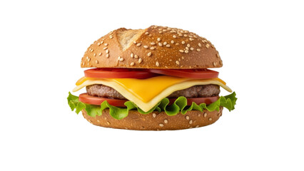 Classic cheeseburger presentation with sesame bun, fresh tomato, and lettuce on a bright white background