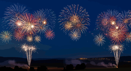 Background Celebrate New Beginnings with Stunning Fireworks Display over Snowy Winter Landscape on New Year's Eve for Festive Holiday Season Greetings