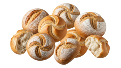 Artisan Bread Rolls: A Culinary Display of Freshly Baked Goodness Depicting Simple Rustic Bakery Products Isolated on a Pure White Background