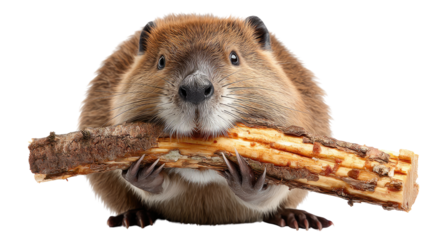 Beaver with Log: A charming beaver, showcasing its distinctive features as it proudly carries a segment of a wooden log. A testament to nature's skilled builders and their industrious lifestyle.