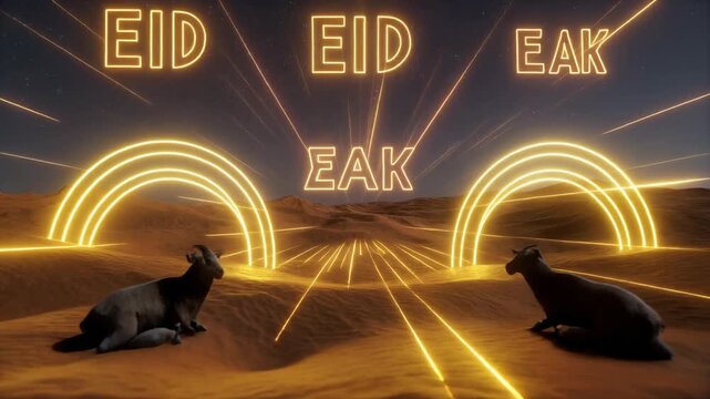 super 3D ultramodern desert with hologram Eid Adha symbols floating above, goats resting 