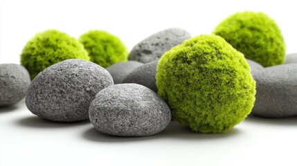 Several smooth gray stones are placed beside vibrant green moss, creating an appealing contrast. This arrangement promotes a calming and peaceful indoor environment.