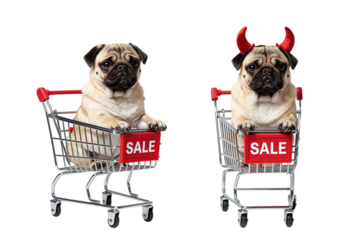 Adorable Pug Dogs Sitting in Mini Shopping Carts with Sale Signs