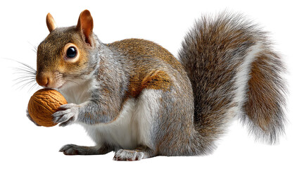 Obraz premium Squirrel with Nut: A captivating close-up of a squirrel clutching a nut. Its fluffy tail adds a touch of charm as it savors its treasure. Capturing the essence of nature's simple joys.