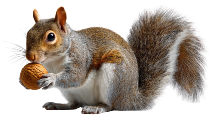 Squirrel with Nut: A captivating close-up of a squirrel clutching a nut. Its fluffy tail adds a touch of charm as it savors its treasure. Capturing the essence of nature's simple joys.
