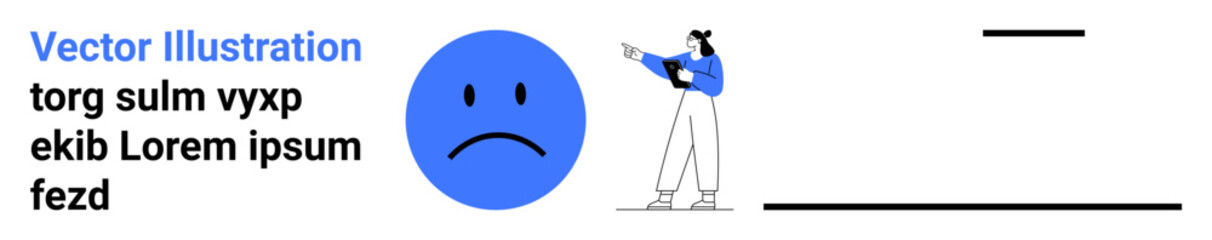 Woman examining large sad face icon with minimal text elements and underlined sections. Ideal for mental health, emotional support, therapy, motivation, communication, stress, simple landing page