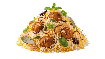 Exquisite close-up of chicken biryani with aromatic spices and fresh herbs isolated on a white backdrop offering a captivating culinary experience