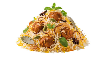 Exquisite close-up of chicken biryani with aromatic spices and fresh herbs isolated on a white backdrop offering a captivating culinary experience