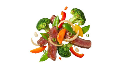 Aerial culinary composition of succulent steak strips and vibrant garden vegetables gracefully suspended in a pristine white space