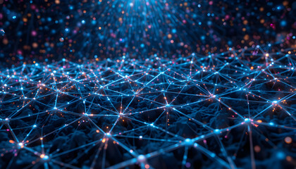 Stunning digital network visualization with glowing nodes and connections representing futuristic global data flow