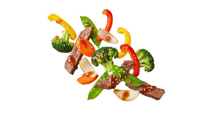 Dynamic Food Still Life Featuring Colorful Vegetables and Tender Beef Cubes Suspended Against a White Background