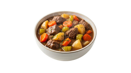 Hearty Beef Stew with Root Vegetables in Ceramic Bowl against a Pure White Backdrop Awaiting Consumption Ready to be Served and Enjoyed