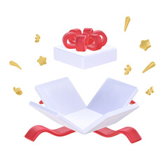 A 3D stylized open white gift box with a red ribbon and gold confetti popping out.