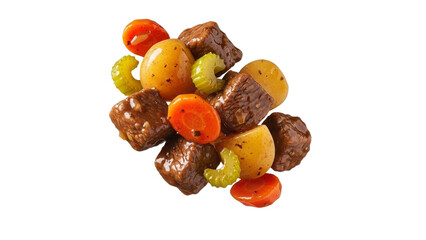 Delicious assortment of beef and garden-fresh vegetables create a visually appealing savory combination on pure white backdrop