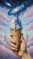 Indulge in cosmic sweetness with a galaxy ice cream cone held in a hand against a dreamy skyscape, whimsical food art for creative projects