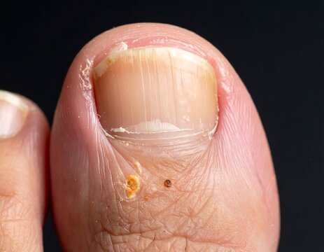 Close-up view reveals a toe with a large nail, skin texture, and imperfections. The background is a solid black color
