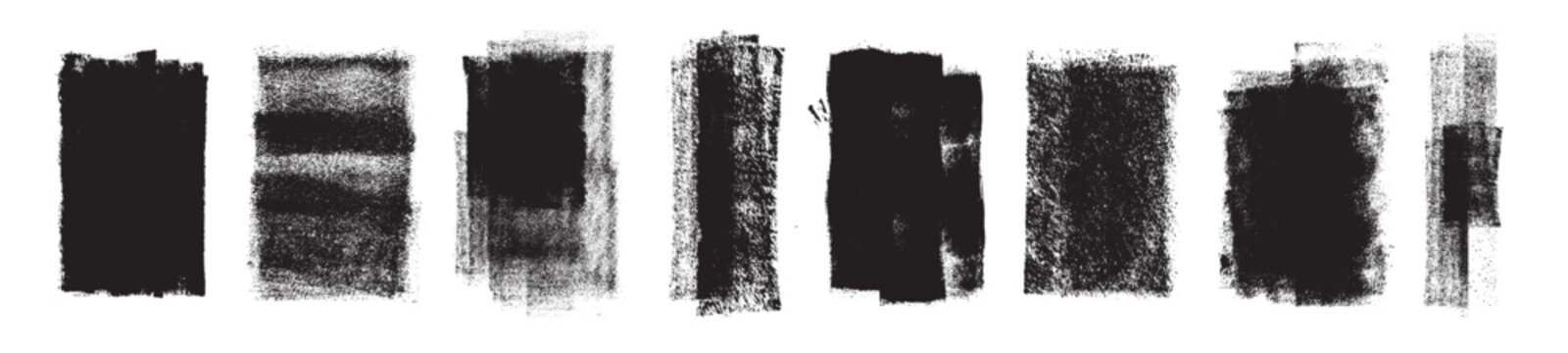 Set of hand-made grunge textures with paint roller effect, artisan paint stains, linocut stamp, artistic background for text and design, vector illustration isolated on transparent background.