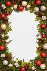 Festive Christmas frame of pine branches, red, white, and silver ornaments, and pinecones. Isolated on a white background with copy space, perfect for holiday greetings and seasonal designs.